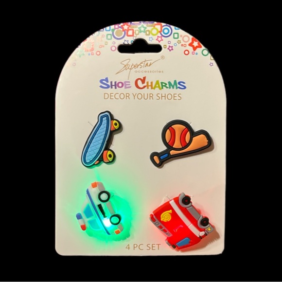 Light Up Shoe Croc Charms Set of 4 Baseball, Skateboard, Police & Fire Truck - Picture 3 of 3